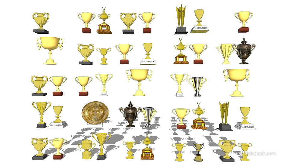 Various Gold Silver Trophies And Medals With Different Shapes And Base Designs 3d model 
