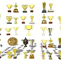 Various Gold Silver Trophies And Medals With Different Shapes And Base Designs
