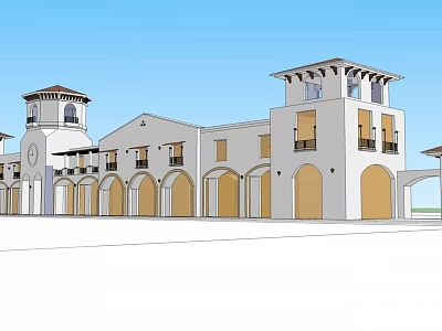 Mediterranean Style Commercial Street Exterior With Arched Storefronts Tower Structures And Balconies 3d model