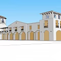 Mediterranean Style Commercial Street Exterior With Arched Storefronts Tower Structures And Balconies