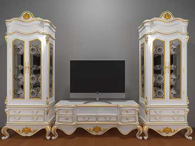 Luxurious White TV Cabinet Set With Gold Accents Carvings And Glass Door Cabinets 3d model