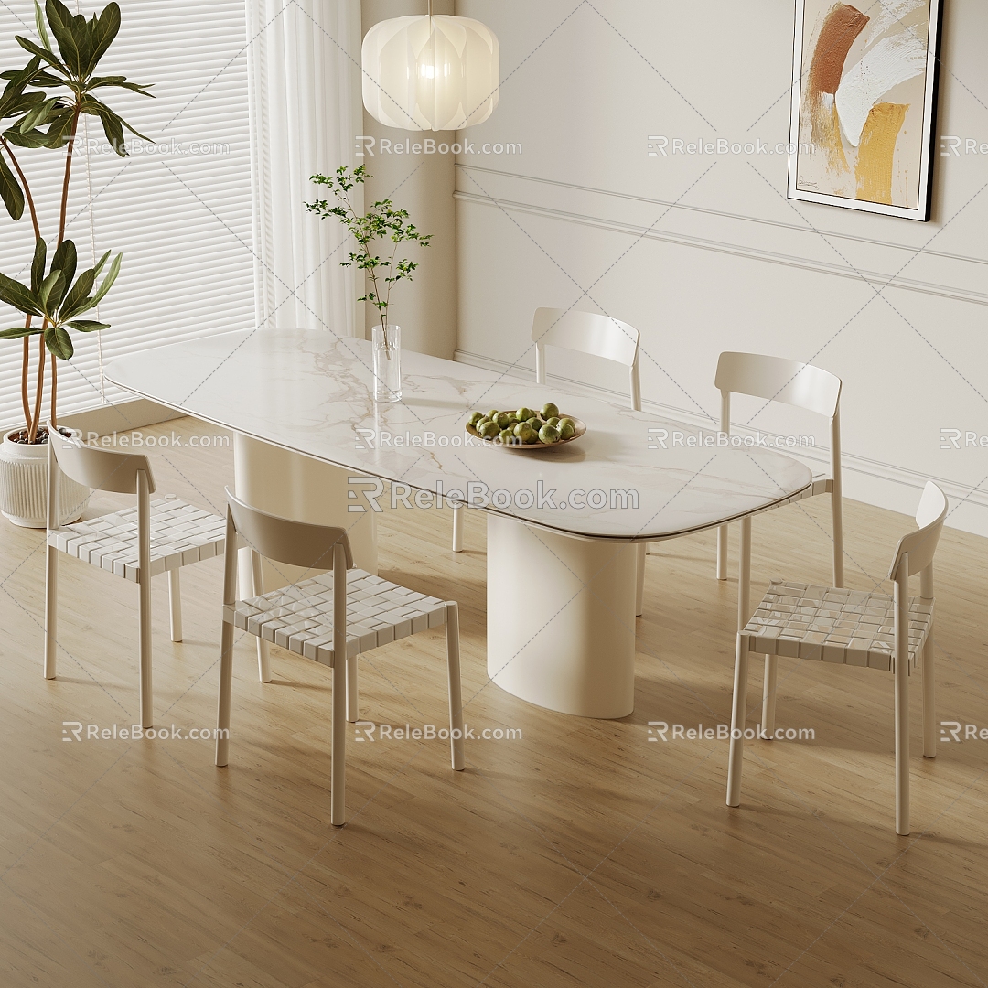 Modern Cream Style Solid Wood Dining Table and Chair Combination Fabric Backrest Chair Book Ornaments Potted Plant Decorative Painting Carpet 3d model