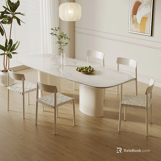 Modern Dining Table Set With Six Woven Chairs White Top Green Plant And Fruit Tray 3d model 
