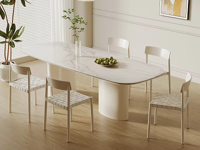 Modern Dining Table Set With Six Woven Chairs White Top Green Plant And Fruit Tray 3d model