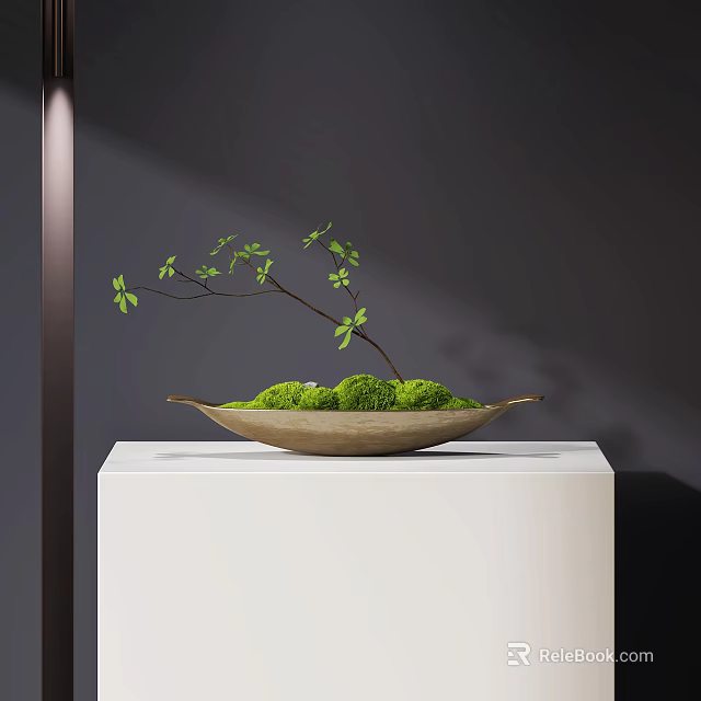 Bonsai Plant With Green Moss And Small Tree Branch In Ceramic Tray On White Stand 3d model 
