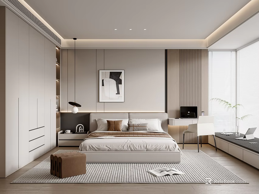 Modern Bedroom Interior Design With Light Toned Bed Large Window Desk And Artwork 3d model