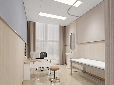 Modern Medical Examination Room Interior With Examination Bed Desk Sink And Window Curtains 3d model