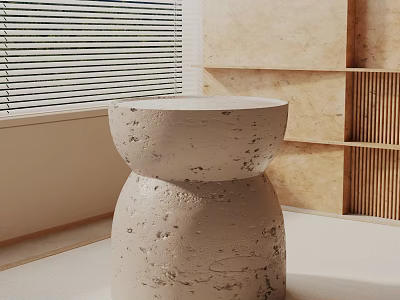 Modern Cream Textured Side Table By Window With Light Wall And Wooden Shelf 3d model