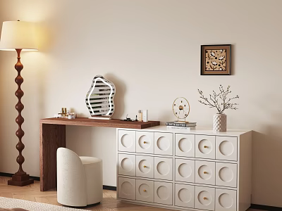 White Dressing Table With Circular Handles Drawers And White Chair Floor Lamp Decorative Wall Art 3d model