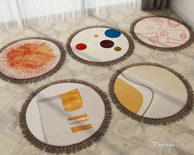Round Rugs With Various Patterns And Fringed Edges In Indoor Setting 3d model 