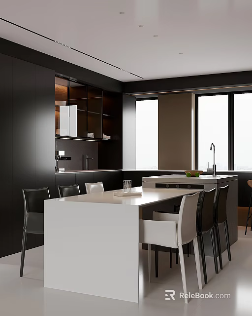Modern Restaurant Interior With White Dining Table Black Chairs Cabinets And Windows 3d model