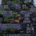 Serene Garden Landscape With Stone Steps Walls Trees Bushes And Waterfall Lighting