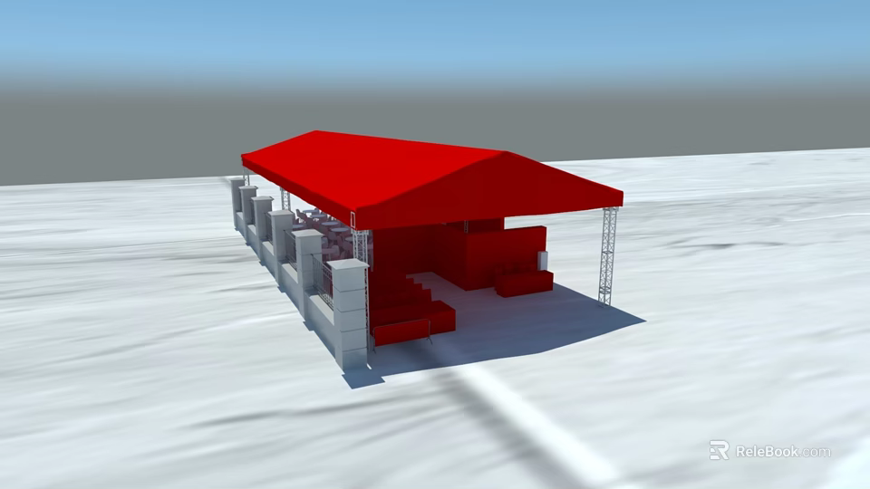 Red Canopy Outdoor Structure With White Steps Seats And Metal Frame 3d model