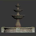 Ornate Multi Tiered Fountain With Red Gold Accents And Circular Stone Base