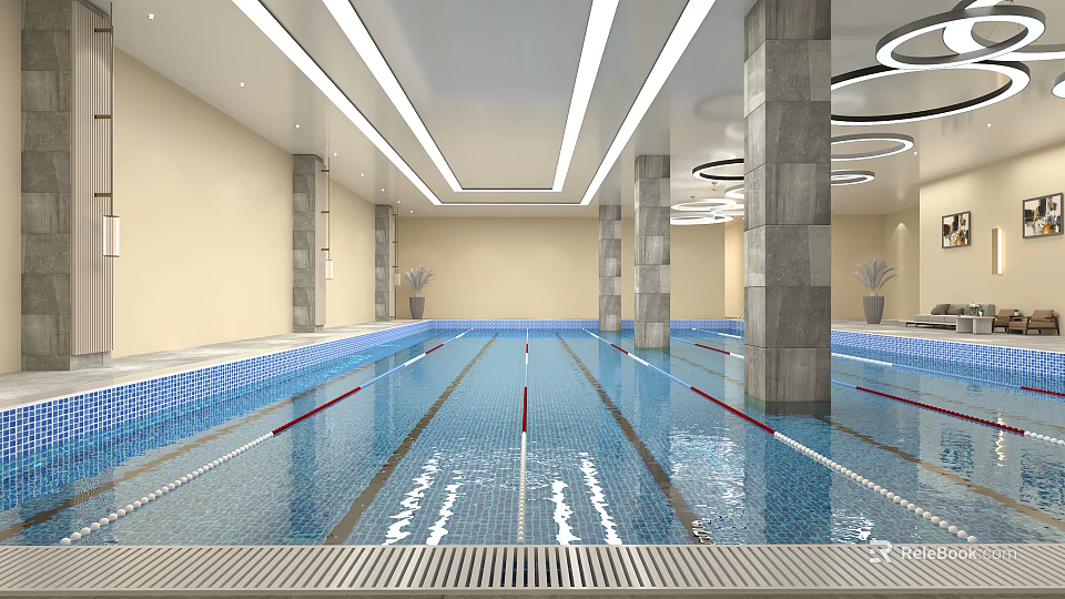 Indoor Swimming Pool With Clear Blue Water Gray Columns And Ceiling Light Strips 3d model 