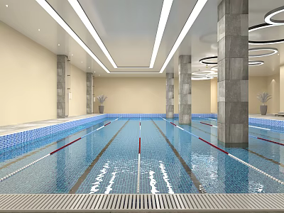 Indoor Swimming Pool With Clear Blue Water Gray Columns And Ceiling Light Strips 3d model