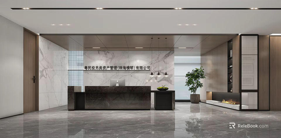 Modern Black Reception Desk With Marble Walls Hanging Lights Potted Plant And Polished Floor 3d model 