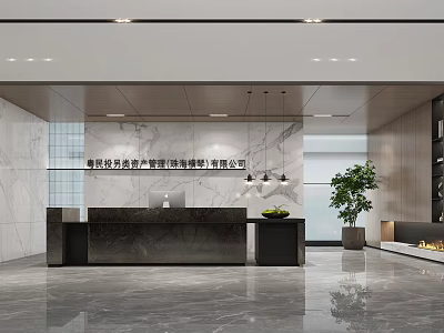 Modern Black Reception Desk With Marble Walls Hanging Lights Potted Plant And Polished Floor 3d model