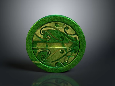 Green Circular Weapon With Intricate Patterns And Curved Decorations On Jade Like Surface 3d model