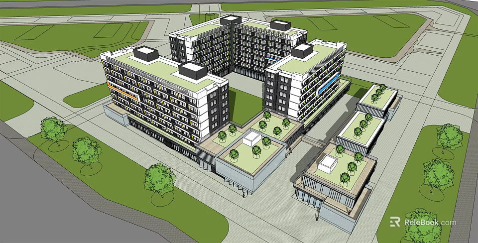 Modern Multi story Apartment Complex With Green Roofs And Courtyard Greenery 3d model 