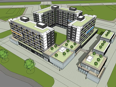 Modern Multi story Apartment Complex With Green Roofs And Courtyard Greenery 3d model