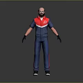 Bald Bearded Game Movie Character With Blue Red Jumpsuit And Black Gloves Standing