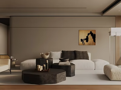 Modern Living Room Interior With White Sofa Dark Pillows Coffee Table And Wall Artwork 3d model