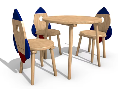 Children's Wooden Table and Chair Set With Rocket Shaped Blue Red Chairs 3d model