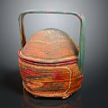 Colorful Handcrafted Woven Basket with Green Handle and Lid for Daily Necessities Storage