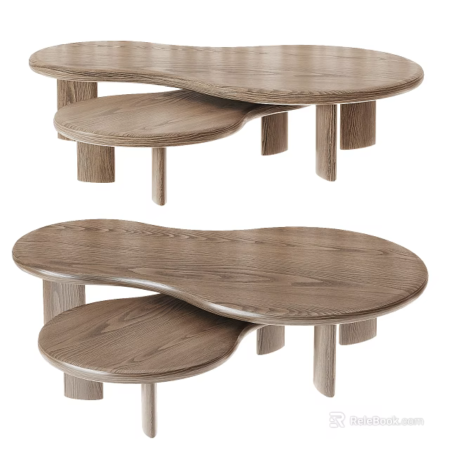 Modern Wooden Coffee Table With Irregular Curved Top And Two Tiered Design Natural Wood Grain 3d model 