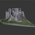 Detailed Castle Ruins Model On Circular Base With Green Grass Small Stones And Wooden Stakes