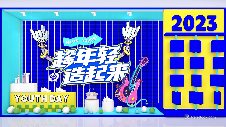 Youth Day Vibrant Celebration Setup With Guitar Candles And Grid Background 3d model 