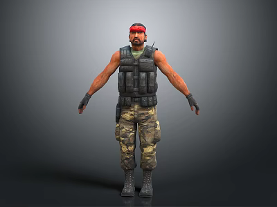 Tactical Military Character 3D Model With Red Bandana Sleeveless Vest And Camouflage Pants 3d model