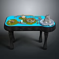 Detailed Tabletop Miniature Landscape With Blue Water Islands Hills And Small Decorations