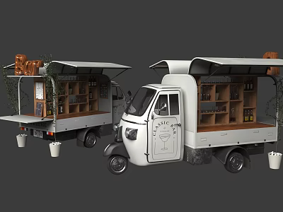 Stylish Mobile Food Truck With Open Shelves Food Displays And Green Plants 3d model