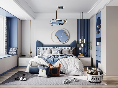 Modern Blue Kids Room With Airplane Decor Round Mirror Cozy Bed And Rug 3d model