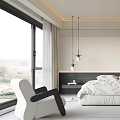 Modern Minimalist Bedroom Interior Design With Large White Bed Black Wall Art And Hanging Lights