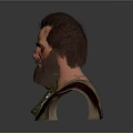 Bearded Male Game Movie Character With Strapped Outfit And Neck Accessory
