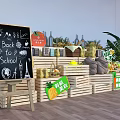 Fresh Organic Fruits Vegetables Display With Wooden Crates Blackboard And Green Plants