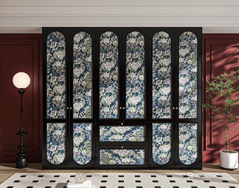 Elegant Wardrobe Design With Floral Pattern Glass Doors And Dark Wood Frame 3d model 