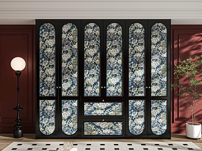Elegant Wardrobe Design With Floral Pattern Glass Doors And Dark Wood Frame 3d model