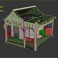 Rustic Wooden Log Cabin With Black Roof Green Railings Porch Brown Door And Wooden Barrels
