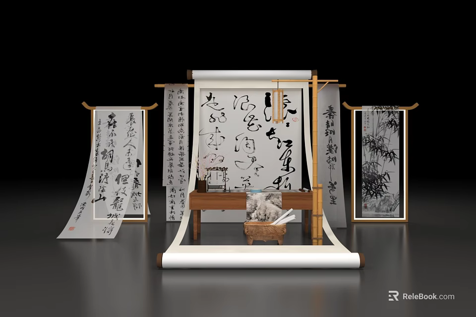 Art Installation Featuring Traditional Chinese Calligraphy Scrolls And Bamboo Frames With Writing Tools 3d model