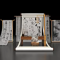 Art Installation Featuring Traditional Chinese Calligraphy Scrolls And Bamboo Frames With Writing Tools 3d model