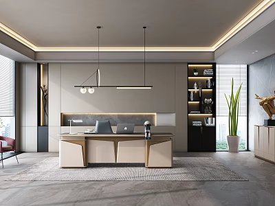 Modern Office Interior Design With Executive Desk Bookshelves And Pendant Lights 3d model