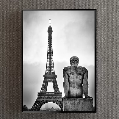 Black and White Landscape Painting with Eiffel Tower and Male Statue Back View 3d model