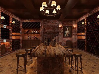 Wine Cellar Interior With Brick Walls Wooden Table Stools Wine Racks Chandelier And Painting 3d model