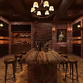 Wine Cellar Interior With Brick Walls Wooden Table Stools Wine Racks Chandelier And Painting
