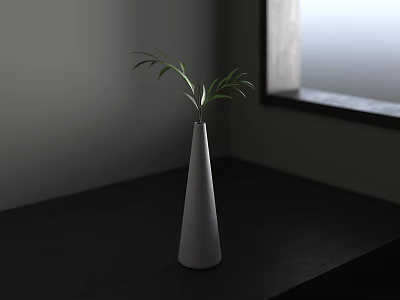 White Conical Vase With Green Leaves On Dark Wooden Table By Window Light 3d model