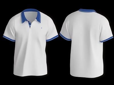 White Polo Shirt With Blue Collar And Cuff Front And Back View Design 3d model